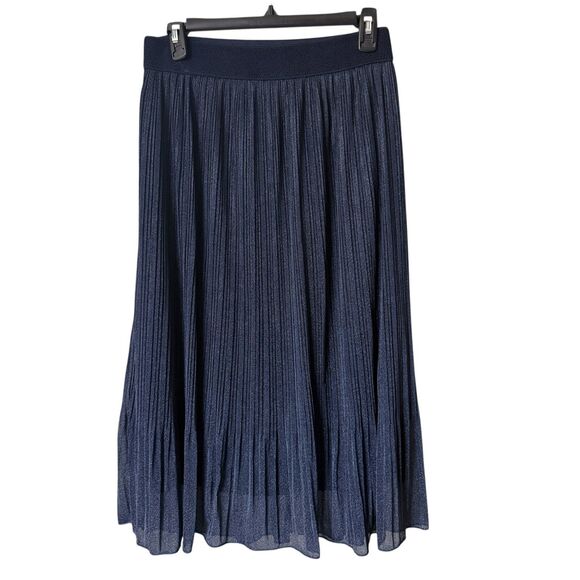 Metrowear Navy Metallic Pleated Maxi Skirt Flowy Elastic Waist Size Petite Large - Picture 2 of 6